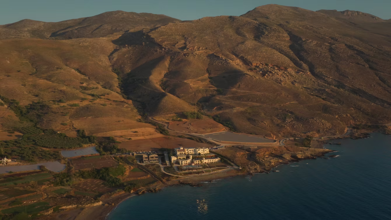 Golden hills falling away to a bay in the last light